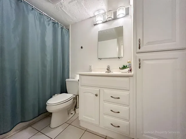 a bathroom with a sink a toilet a mirror and shower curtain