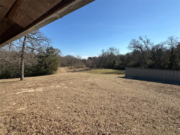 a view of dirt yard with large trees