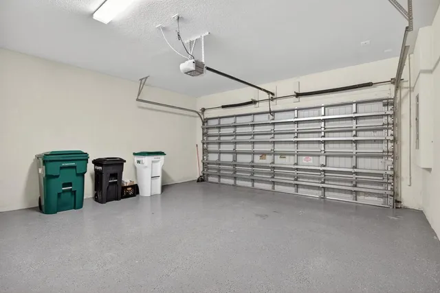 a view of a garage with storage