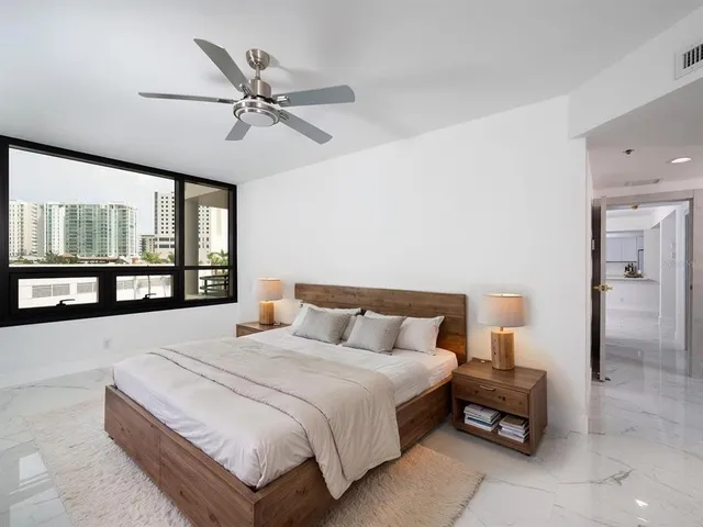 a view of a building and a street light