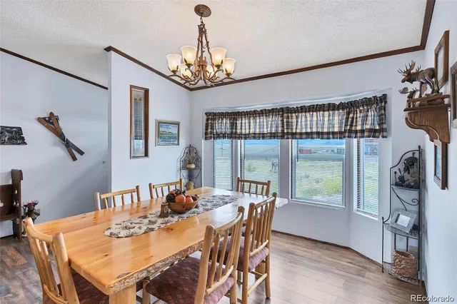 a view of a dining room with furniture a chandelier and wooden floor