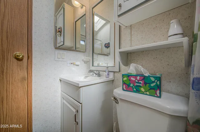 a bathroom with a sink mirror and vanity