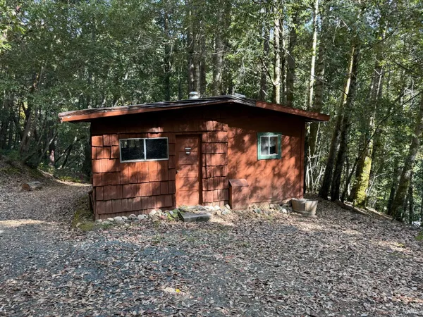a view of a small house with a yard