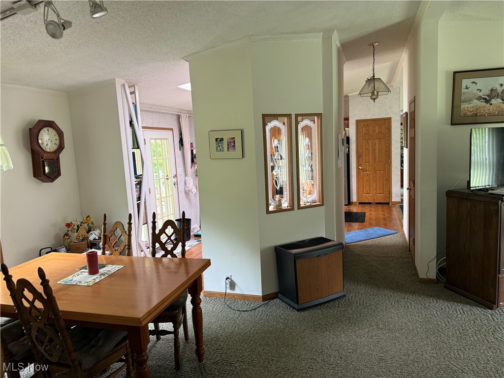 5595 Ford Road Madison, OH 44057 - Photo 7 of 36 Carpeted dining space with crown molding and a textured ceiling