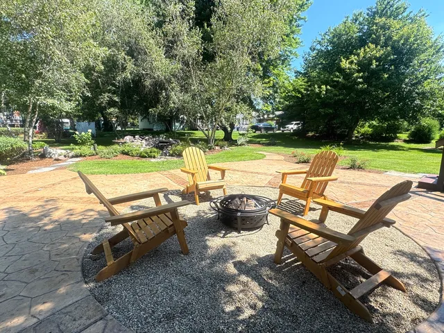 a view of a park with large trees
