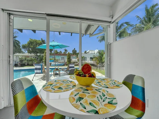 a view of a dining room with furniture a chandelier and wooden floor