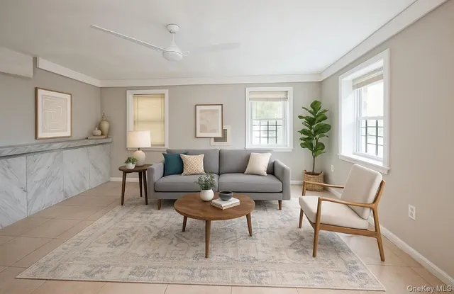 a living room with furniture and a potted plant