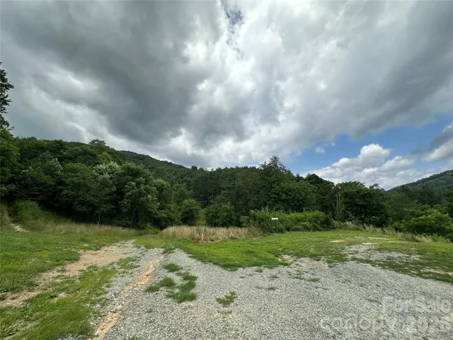 a view of a dry yard with mountains and green space