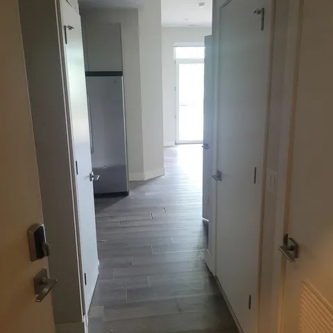 a view of a hallway with wooden floor and closet area