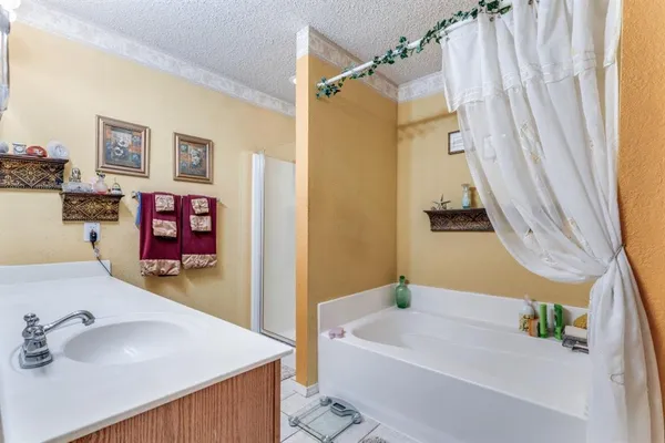 a bathroom with a tub sink and mirror