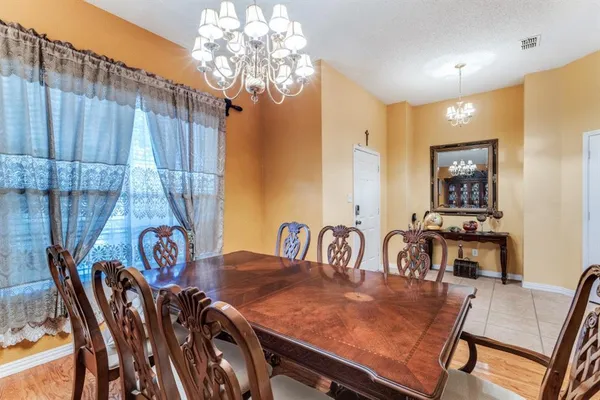 a view of a dining room with furniture wooden floor and chandelier
