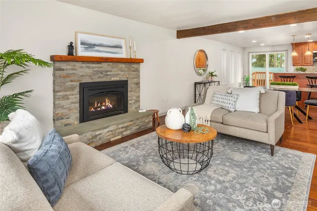 a living room with furniture a rug and a fireplace