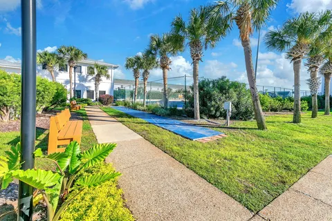 a view of swimming pool with palm trees