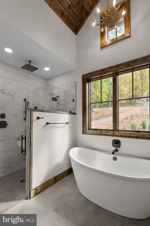 a bathroom with a bathtub and a shower