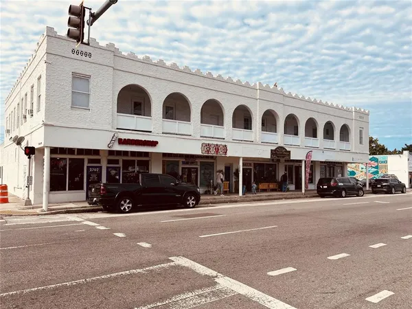 a view of a building and a street