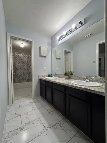 a bathroom with a sink mirror and a shower