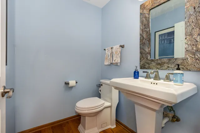 a bathroom with a sink mirror and toilet
