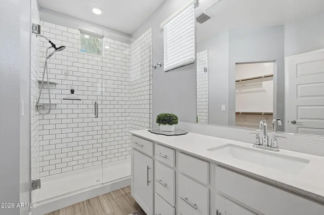 a bathroom with a sink and a shower