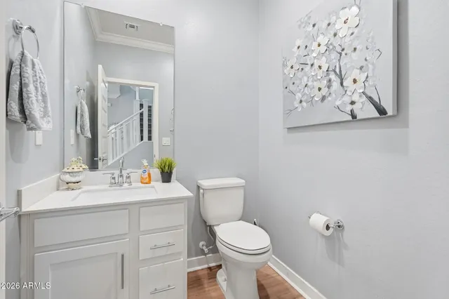 a bathroom with a toilet sink vanity and mirror