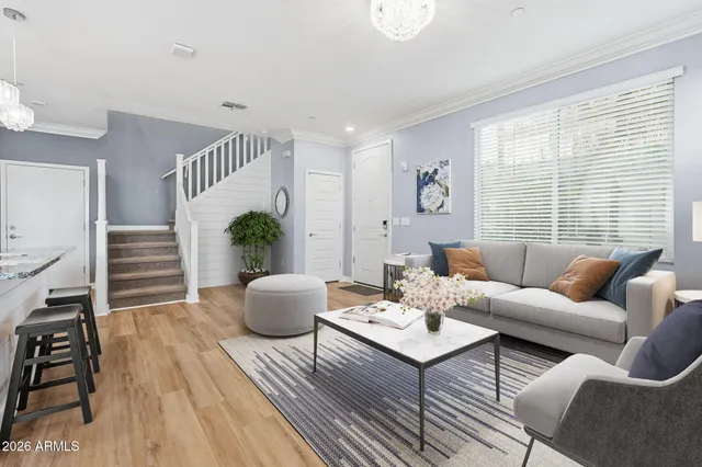 a living room with furniture potted plant and a window