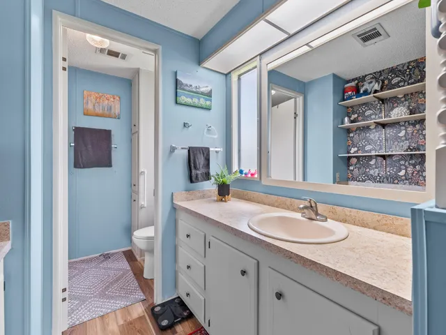 a bathroom with a sink double vanity and a toilet
