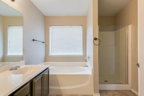 a bathroom with a tub sink and mirror