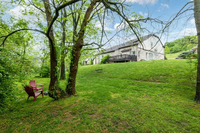 a backyard of a house with table and chairs