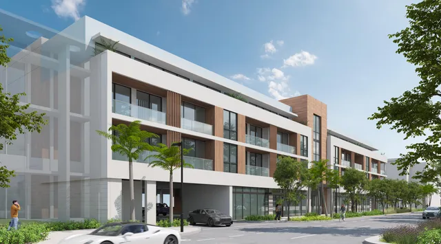 a front view of a building with street view