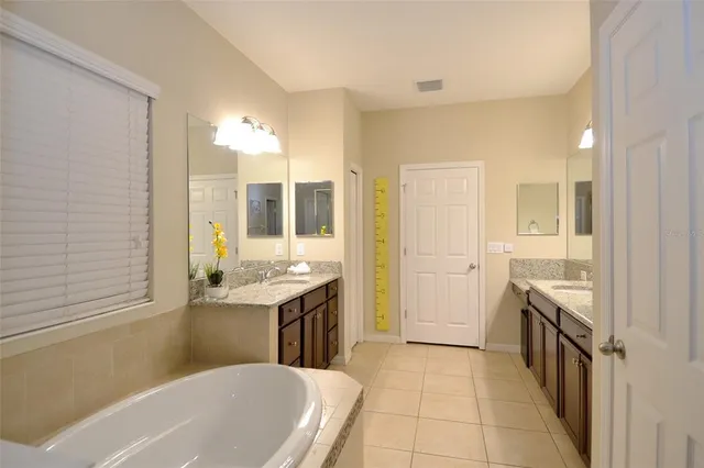 a bathroom with a tub sink and mirror
