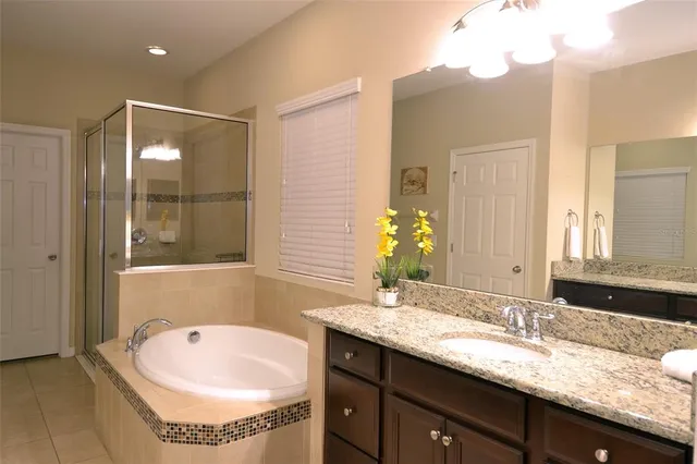 a bathroom with a tub sink and mirror