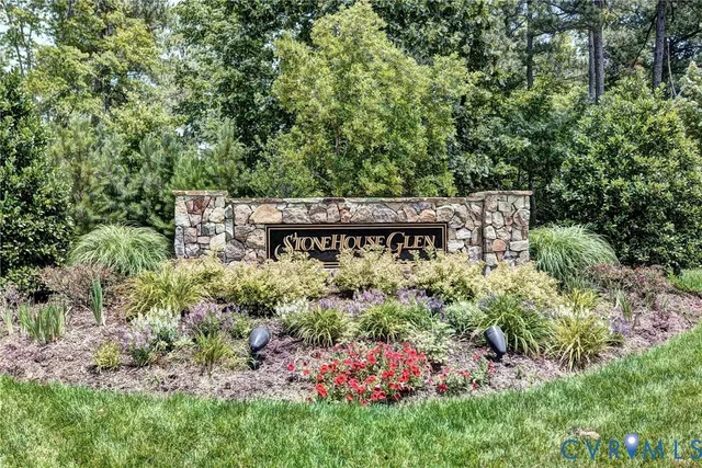 a view of a sign in a garden