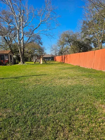 a view of a field with large trees