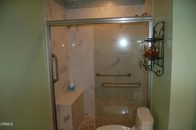 a bathroom with a shower and toilet