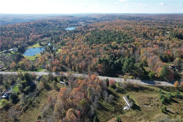 an aerial view of house with yard and mountain view in back