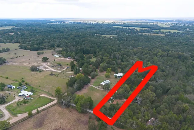 an aerial view of a houses with a yard