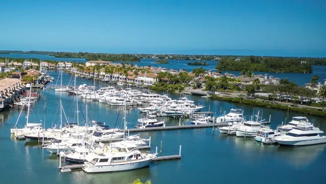 a view of a ocean with boats and trees in the background