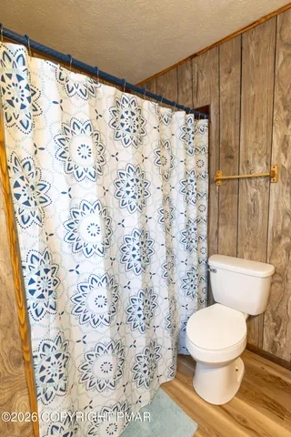 a white toilet sitting next to a shower curtain