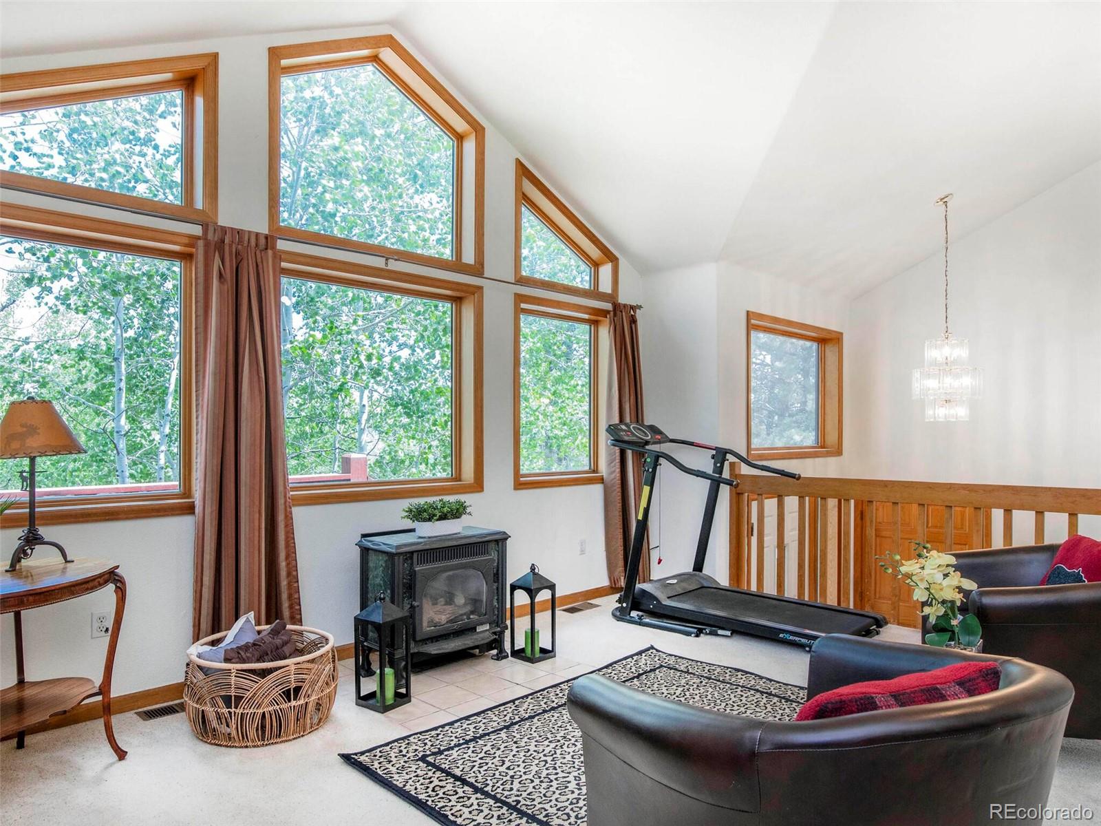 170 South Random Road Bailey, CO 80421 - Photo 5 of 40 a living room with fireplace furniture and a large window