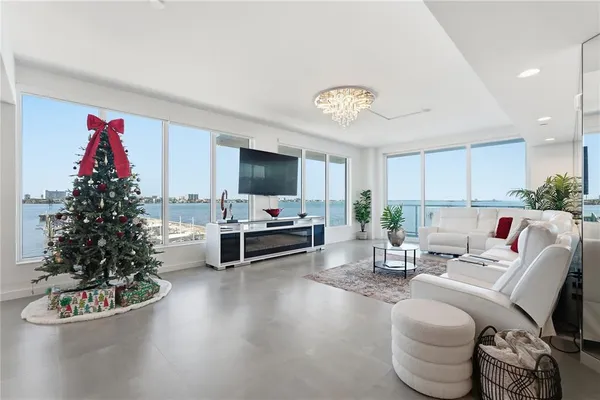 a living room with furniture a flat screen tv and a potted plant