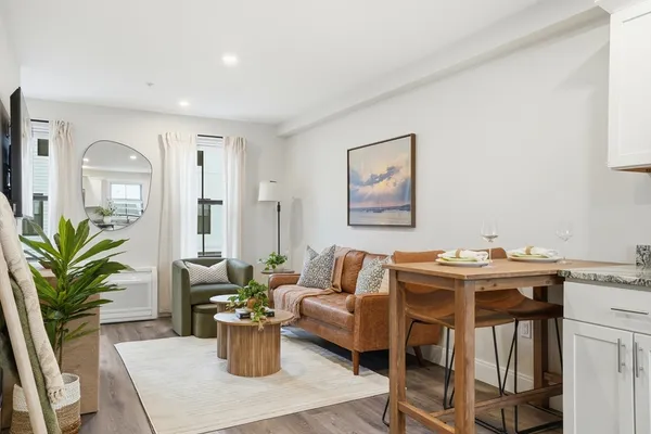 a view of a livingroom with furniture and a potted plant