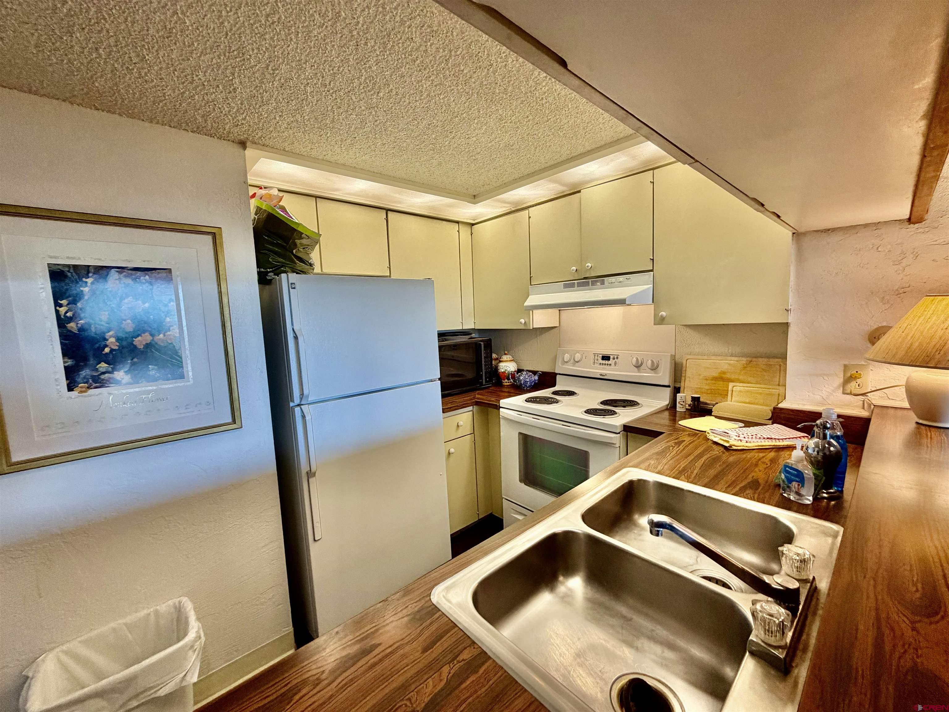 51 Whetstone Road, Unit 2306 Crested Butte, CO 81225 - Photo 18 of 44 a kitchen with a refrigerator a stove a sink dishwasher and white cabinets with wooden floor