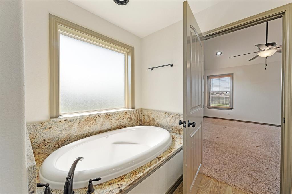 2387 County Road 407 Nemo, TX 76070 - Photo 15 of 30 a bathroom with a granite countertop sink a mirror and a bathtub