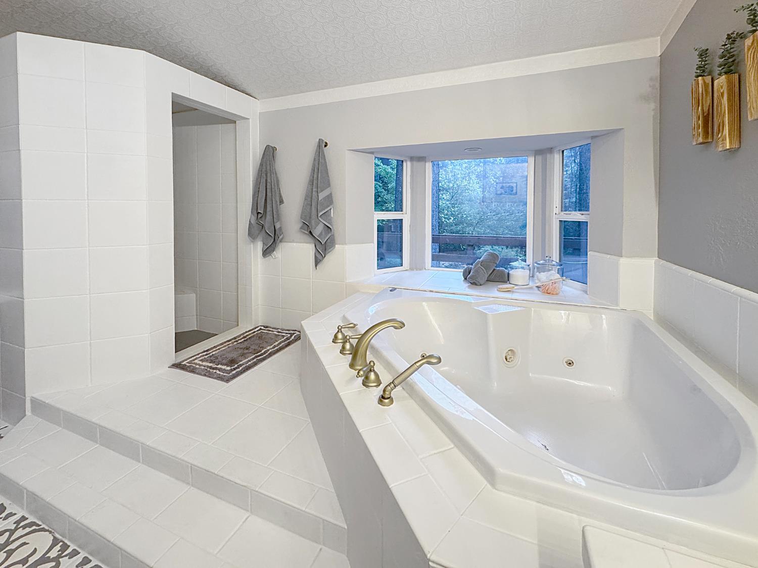 16878 Pasquale Road Nevada City, CA 95959 - Photo 13 of 36 a bathroom with a tub a sink a mirror and a window