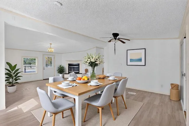 a dining room with furniture potted plants and wooden floor