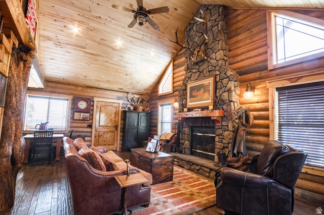 18906 North Canyon Road Whiterocks, UT 84085 - Photo 7 of 65 Living area with high vaulted ceiling, hardwood / wood-style flooring, a stone fireplace, wooden ceiling, and log walls