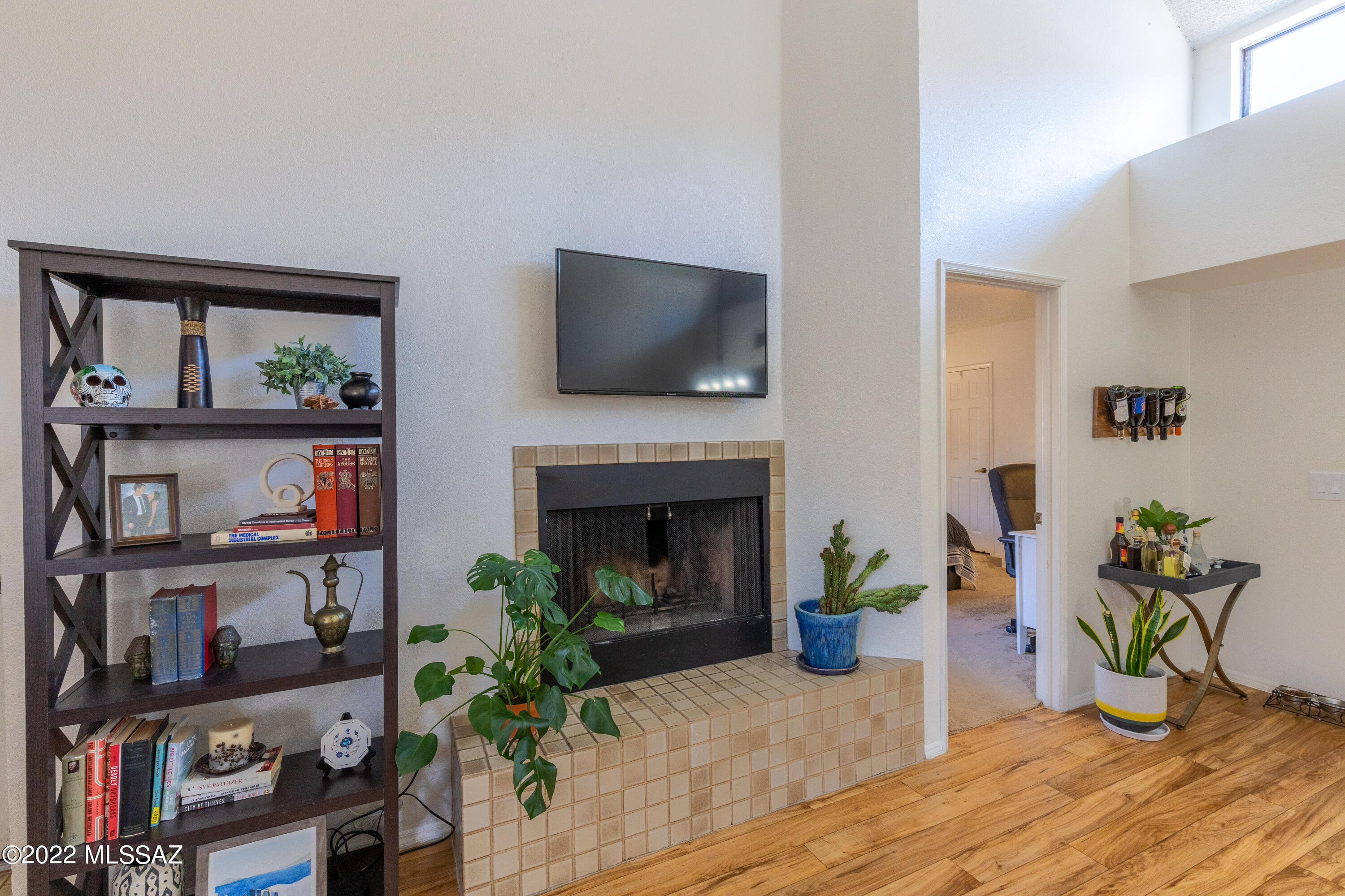 1200 East River Road, Unit F69 Tucson, AZ 85718 - Photo 4 of 22 a living room with furniture a fireplace and a potted plant