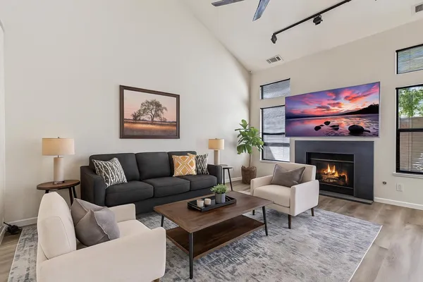 a living room with furniture a rug and a fireplace