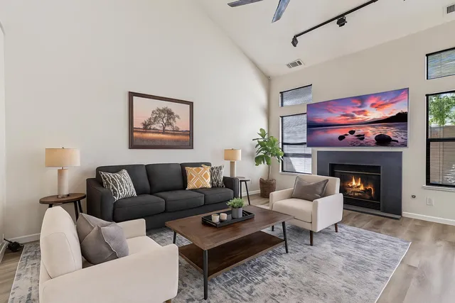 a living room with furniture a rug and a fireplace