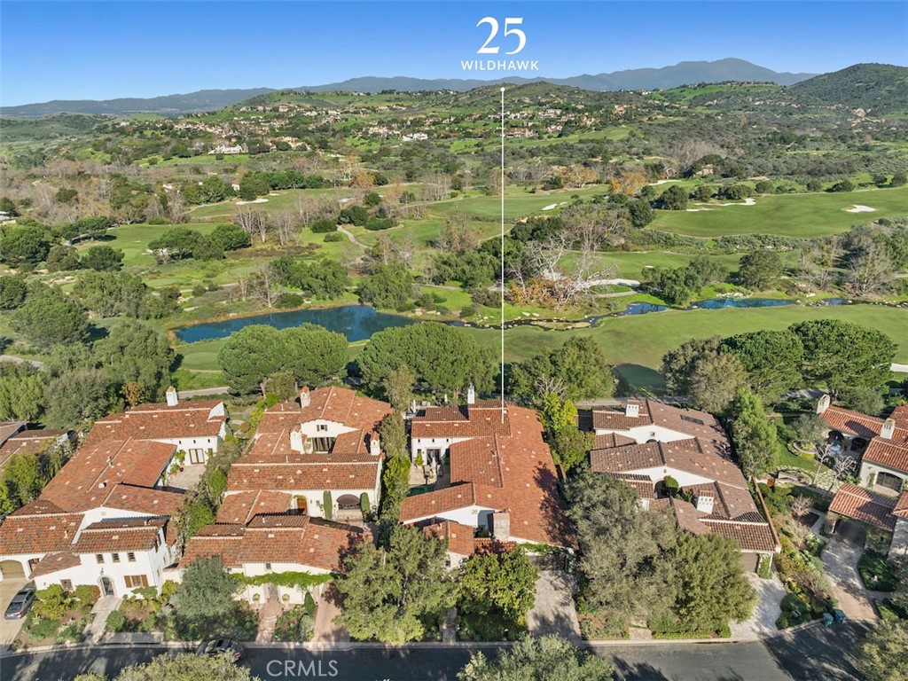 an aerial view of residential houses with outdoor space and trees