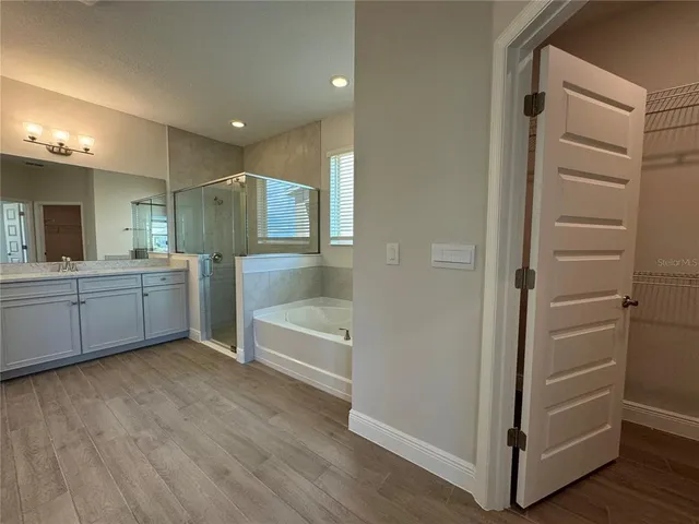 a bathroom with a tub sink shower and mirror